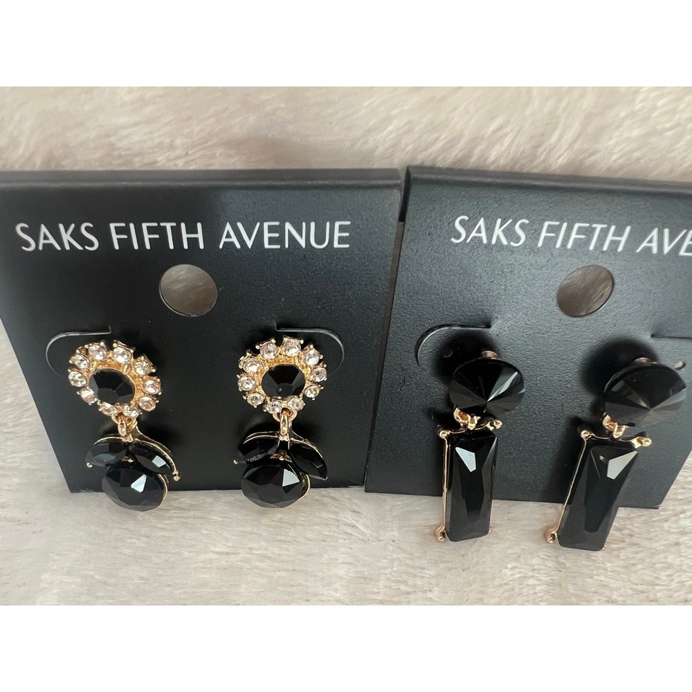 Saks Fifth Avenue Earrings 2 Pair Black Gold Crystal Rhinestone NWT Glam Evening - Picture 9 of 13